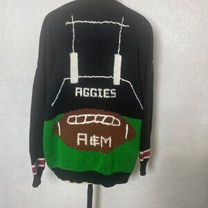 VTG Texas A&M Black Football Cardigan Sweater With Football Player Graphics & St